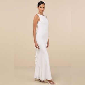 Exquisite Refinement Ivory Backless Bow Ruffled Maxi Dress